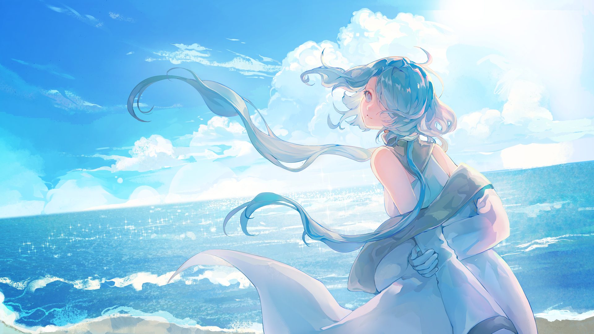 A girl with flowing pale hair gazes out over a sparkling summer ocean beneath a brilliant blue sky — key art for Endless Summer Syndrome.